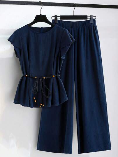 Linhara Plus Size Women Navy Blue Ruffle Sleeve Round Neck Cinched Waist Beaded Shirt + Elastic Waist Loose Wide Leg Pants Casual Commuter 2 Piece Set, Versatile Blouse And Pants Set Pants And Top Set Wide Leg Pants Set Blouse Pants Set Summer Pants Sets
