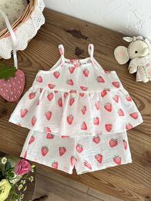 SHEIN Bộ 2 món gồm áo không tay và quần in hình dâu tây dễ thương, kèm túi hình dâu tây, thích hợp cho mùa xuân/hè, mặc trong nhà, ngoài trời, du lịch và mặc hàng ngày. - Nhiều màu - Xem 3
