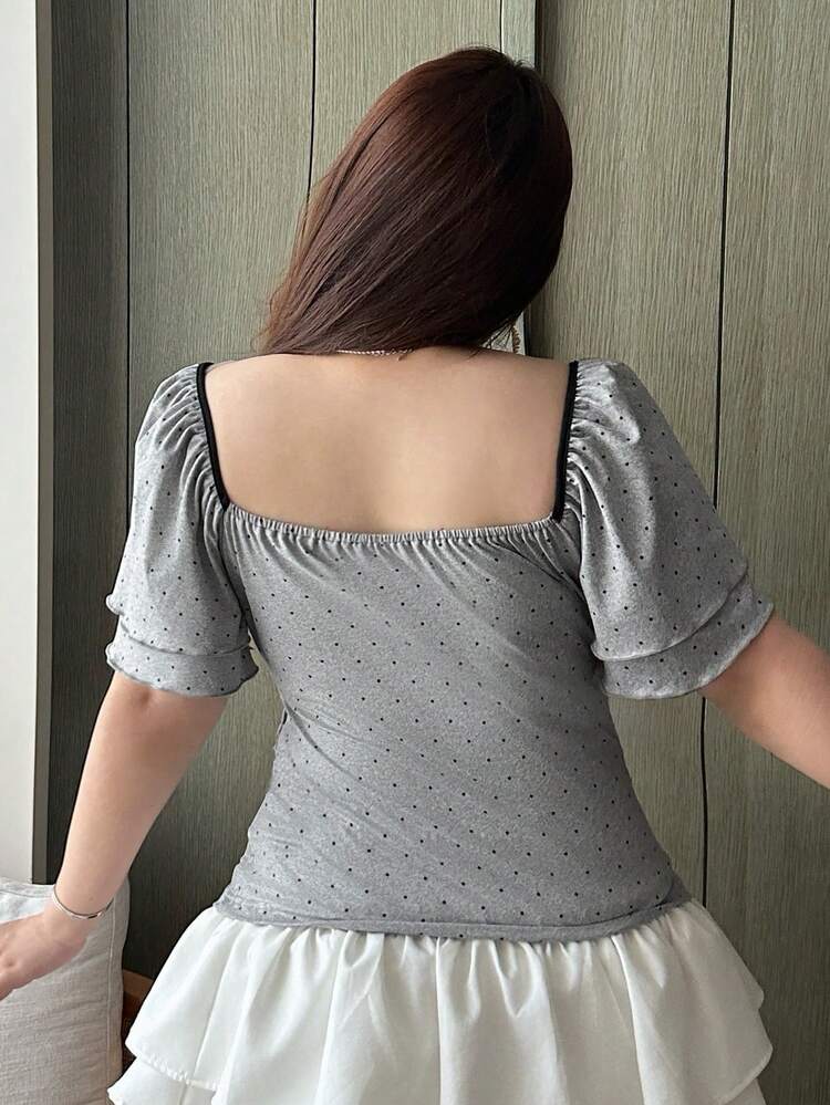 Plus Size Lace Patchwork Contrast Trim Knotted Polka Dot Print Casual Short Sleeve Shirt Summer