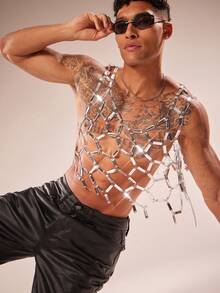 FeverCity Men's Hollow Out Rhinestone Patchwork Tank Top - Silver - View 6