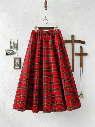 Sweetra Plus Size Retro Plaid High Waist Elastic Waist Skirt
