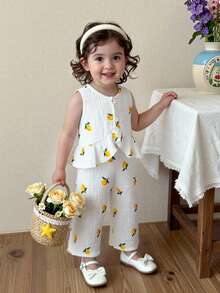 Vintaside Kids Baby Girls Lemon Print Chiffon Ruffle Hem Camisole + Print Pants 2-Piece Set, Suitable For Casual Wear, Outings And Vacations, Spring/Summer - White - View 5