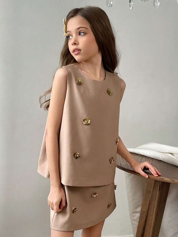 Tween Girls Sequin Decor Sleeveless Jacket & Skirt Set