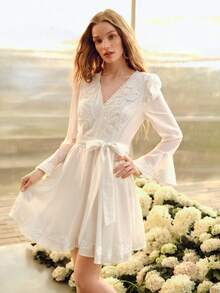 MOTF PREMIUM WOMEN'S V-NECK WAIST GATHERED HEM EMBROIDERED SHORT DRESS, SPRING/SUMMER - White - View 1