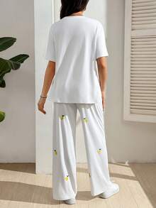 SHEIN 孕妇休闲柠檬刺绣T恤和裤子两件套 - 白色 - 查看 2