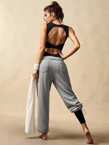 VARSIVA Bộ jumpsuit dáng ôm vừa vặn, màu trơn, không tay, hở lưng, khoét eo, kiểu dáng thường ngày. - màu đen - Xem 12