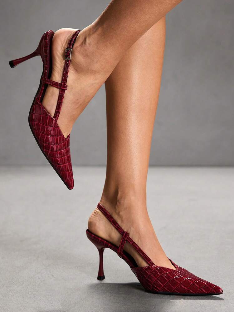 CUCCOO SZL Women's Pointed Toe Burgundy Patent Leather Stone Texture Lace-Up Backless Sexy Stiletto High Heel Sandals, Suitable For Dates And Parties