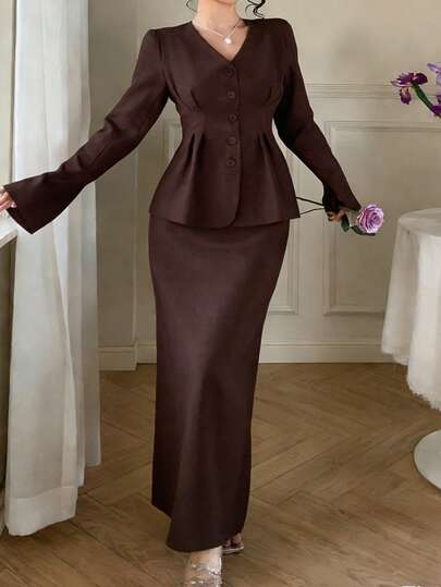 DAZY Women's Solid Color Minimalist Daily Long Sleeve Top And Skirt Suit Set