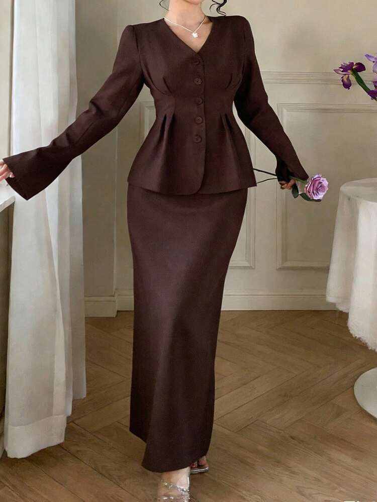 Women's Solid Color Minimalist Daily Long Sleeve Top And Skirt Suit Set