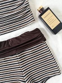 SHEIN Tween Girls' Casual Comfortable Striped Top & Contrast Color Shorts Set Two Piece Summer Set Casual Two Piece Set Striped Two Piece Set Two Piece Shorts Set Cute Two Piece Sets - Black and White - View 2