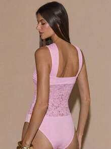 SHEIN BAE Body de mujer con parches de encaje sexy, adecuado para discoteca, fiestas, eventos de cóctel, uso diario, festivales, vacaciones, Halloween, Navidad - Rosa Pálido - Ver 2