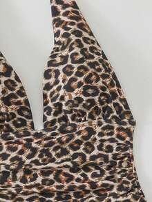 Swim Lushoire Women's Summer Beach Leopard Print Halter Tie Fashionable Tankini Swimsuit Set - Brown - View 5