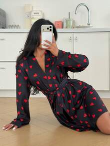 SHEIN Heart Print Soft Robe Loungewear For Women - Black - View 4
