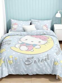HELLO KITTY AND FRIENDS | SHEIN 这款三件套卡通猫咪印花被套采用柔软保暖的磨毛面料制成。蓝色被套饰有星月图案，并提供多种尺寸，适用于单人床、双人床、加大双人床和特大双人床。 - 淺藍色 - 查看 4