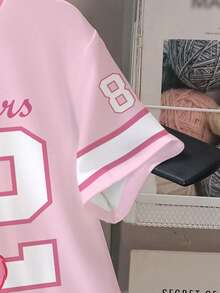 SHEIN X Care Bears 青少年女孩休閒簡約數字82卡通熊圖案短袖圓領T恤，適合秋冬穿著 - 彩色 - 查看 6