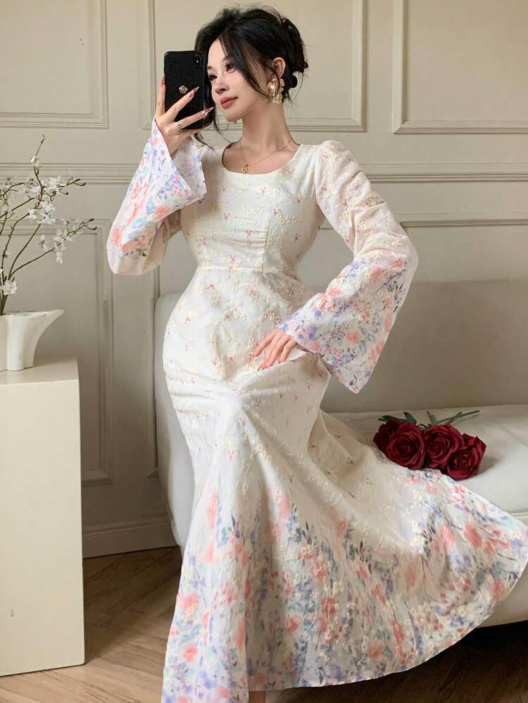 Spring/Summer Ditsy Floral Lace Dress, Pink, Suitable For Valentine's Day, Wedding, Party, Formal Occasion, Fashion, Elegant, Commute, Flared Sleeves, Waist Cinched, Flowy Maxi Skirt, Long Sleeve, For Women Sundress