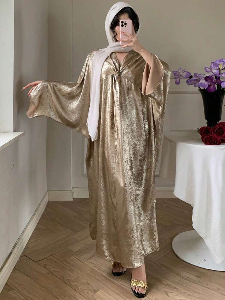 Spring & Summer Shiny Gold Cape-Style Flare Sleeve Dress, Elegant For Valentine's Day, Wedding, Party, Banquet, Fashion Event, Commute, Floral Print Long Sleeve Midi Dress For Women Sundress