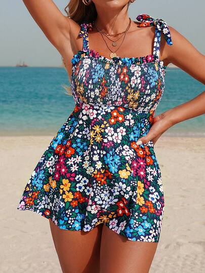  Swim Lushoire 2026 New Women's Hawaiian Beach Tropical Floral Dress, Bow Tie Front Strap, Chic Mature Fitted Slimming Backless Camisole Bikini Two Pieces Set