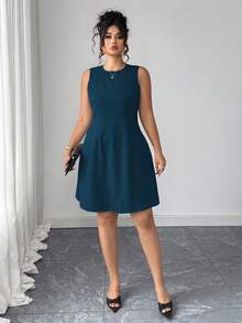 Elenzga 大码女式纯色圆领无袖休闲连衣裙 - 水鴨藍 - 查看 3