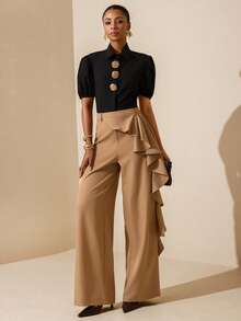 Vesra Women's Elegant Solid Color Ruffle Hem Wide Leg Pants - Khaki - View 5
