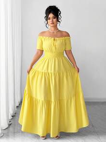 Elenzga Gaun Lengan Pendek Wanita Ukuran Besar Elegan dengan Karet Elastis dan Pinggang Terbuka, Musim Semi/Panas - Kuning - View 4