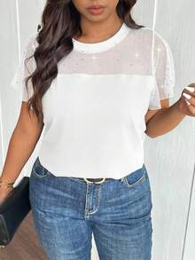 SHEIN Frenchy Plus Size Round Neck Raglan Short Sleeve Ruffle Mesh Splice Elegant T-Shirt - White - View 2