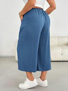 Shapeblank Pantalon large rose à taille élastique en tissu texturé, confortable et ample, pour femmes grandes tailles. Pantalon ample, style simple, européen, d'été, 7/8, pour vacances - Bleu azur - Voir 2