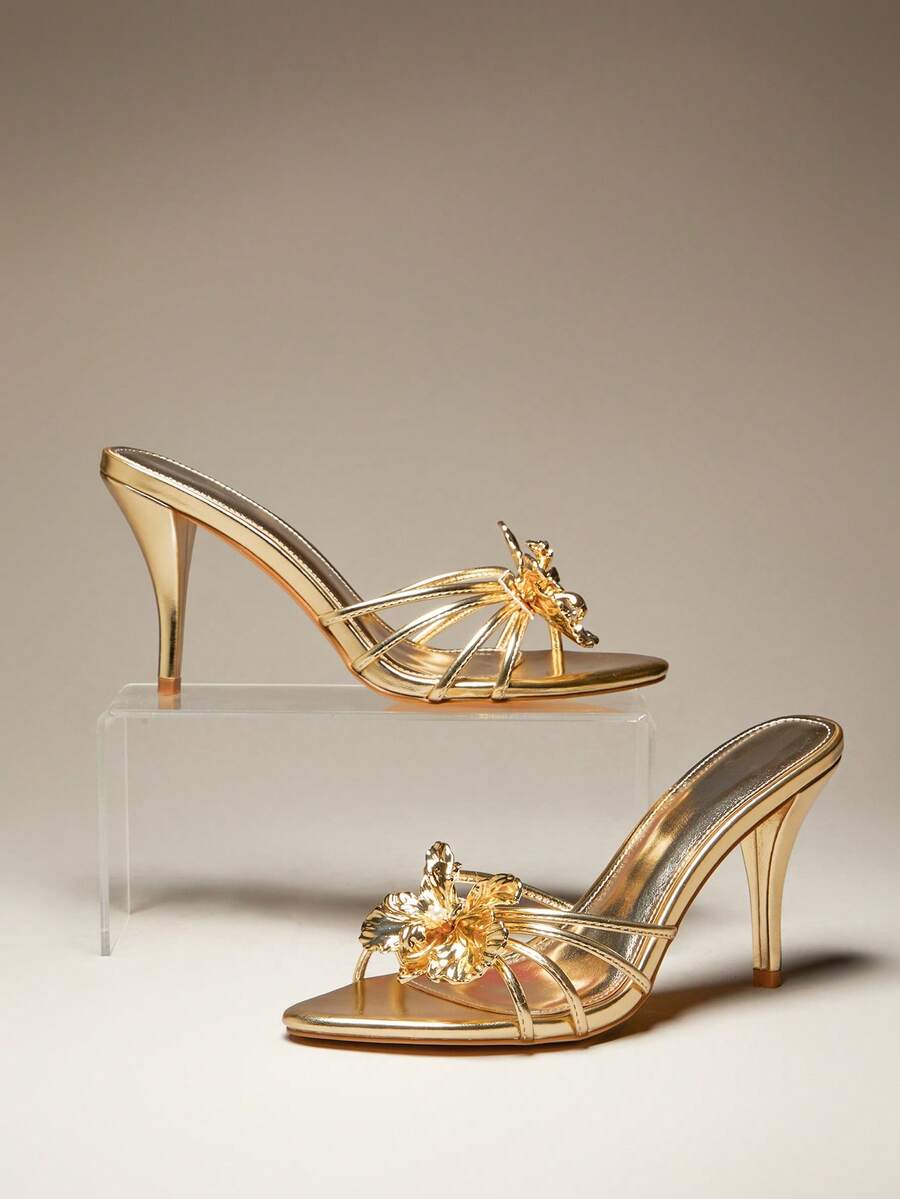 SHUZIA Women's Sexy Point Toe Gathered Vamp With Flower Slip-On Heeled Sandals For Christmas Valentine's Day Summer Shoes - Gold - View 1