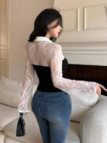 DAZY Black And White,Autumn,Elegant,Dinner Date Lace Hollow Out Contrast Color Splice Sheer Blouse,Flare Sleeves Slim Fit Long Sleeve Top For Women,Party - White - View 4