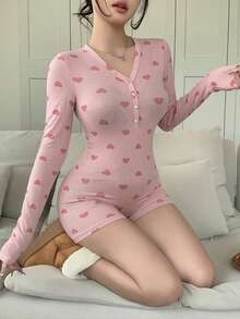 DAZY 女士爱心印花V领长袖连体衣，修身运动上衣，适合春、夏、秋季穿着，女士休闲套装 - 珊瑚粉 - 查看 2