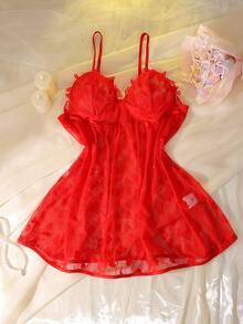 DelicateAllure 性感柔软吊带心形图案加大码睡裙，适合情人节 - 紅色 - 查看 6