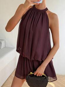 DAZY 女士优雅纯色露背无袖迷你连衣裙，夏季婚礼宾客礼服，女士吊带裙 - 棕色 - 查看 7