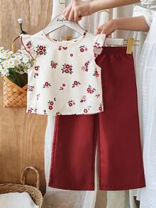 Vintaside Kids Bộ áo thun tay ngắn cài cúc sau lưng họa tiết hoa nhí cổ điển dành cho bé gái, gồm áo thun và quần dài. - Màu Đỏ Sâu - Xem 2