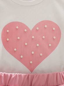 Elladie kids 2 pièces/Ensemble Sweat-shirt-shirt à manches longues avec imprimé cœur & Jupe plissée pour jeune fille, rose clair, automne, anniversaire, Saint-Valentin, vacances, nouvelle tenue à la mode - Rose bonbon - Voir 3