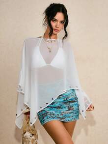 Poéselle 女士时尚薄纱不对称披肩式上衣，白色上衣，外出上衣，可爱夏季上衣，女士度假装扮，女士假日装扮，女士沙滩装扮，女士春夏白色薄纱罩衫，女士泳装罩衫，白色沙滩罩衫，白色泳装罩衫，和服式罩衫 - 白色 - 查看 7