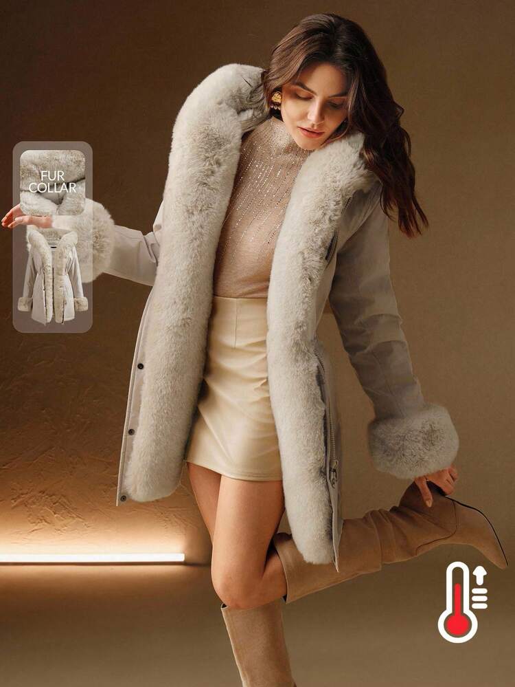 Abrigo parka con cintura ceñida, forro de piel esponjosa y larga, acolchado para mujer