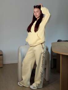 Abrilcols Women's Letter Print Hoodie And Sweatpants Yellow Knit Tracksuit Set, Autumn/Winter,Street Wear - Yellow - View 4