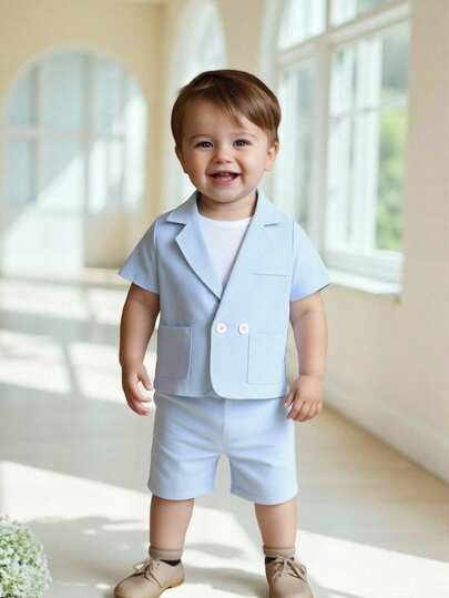 SHEIN 2pcs Boys Gentleman Suit Set, Includes Minimalist Blue Short Sleeve Blazer Jacket And Blue Shorts, Suitable For Formal Occasions Like Birthday Party,  , Anniversary, Valentine's Day Without AccessoriesWedding,Prom,Graduation