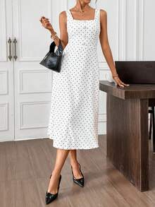 Editum Vestido de punto elástico con cuello cuadrado, sin mangas, con lunares blanco y negro, cintura ceñida, botones de perla, bajo en línea A, elegante para uso diario, ir al trabajo, primavera/verano - Blanco y Negro - Ver 5