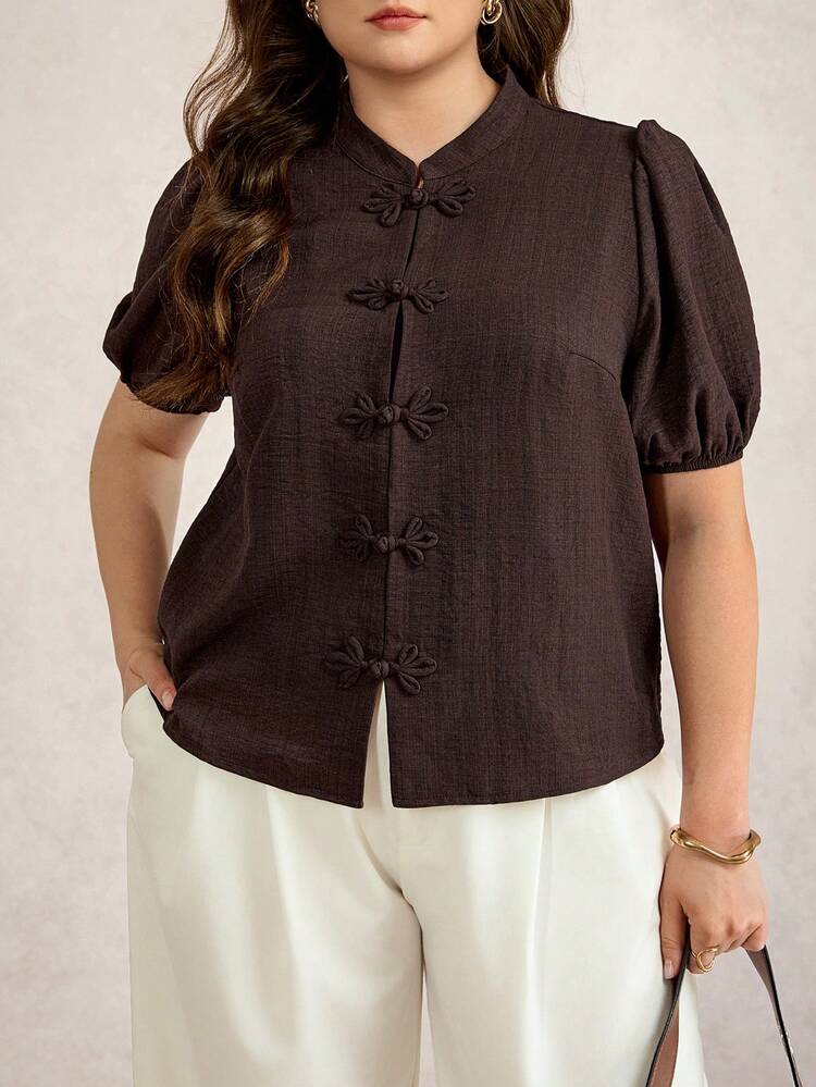 Plus Size Women Solid Color Casual Chinese Style Button-Up Brown Blouse Casual Beach Vacation Holiday Casual Blouse For Women Graduation For Mother Going Out Plus Size Button Down Shirt Curve Blouse Coffee Brown Top, Going Out Tops - Brown - View 5