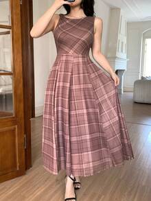 DAZY 女士优雅印花圆领无袖不对称中长连衣裙，夏季 - 棕色 - 查看 7