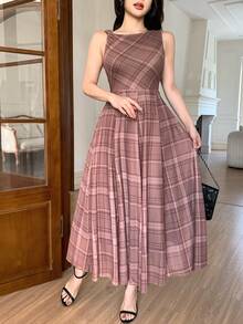 DAZY 女士优雅印花圆领无袖不对称中长连衣裙，夏季 - 棕色 - 查看 8