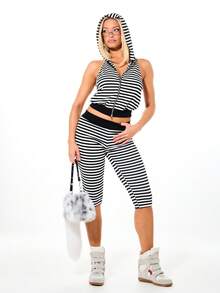 SUMWON WOMEN Women High Waist Striped Capri Leggings With Contrast Black Waistband Knee Length Fitted Athletic Casual Pants For Spring Summer - Black and White - View 5