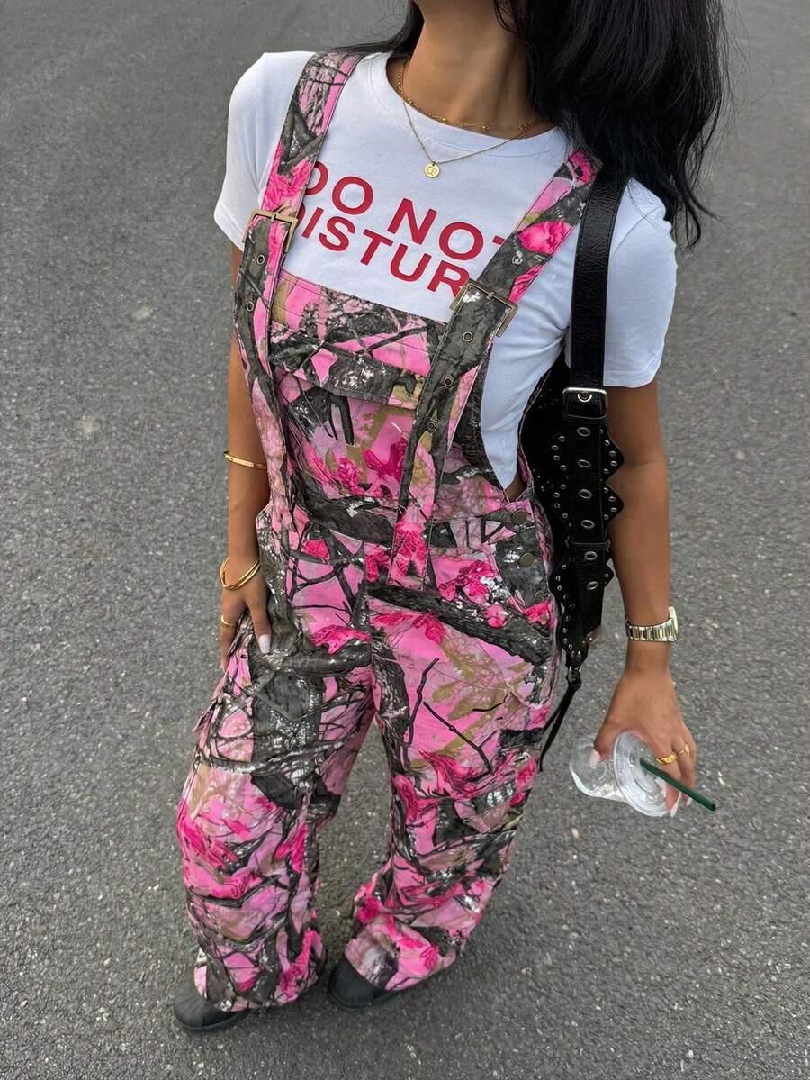 Slaydiva Women's Fashion Tree Branch Print Denim Bib Pants - Light Grey - View 1