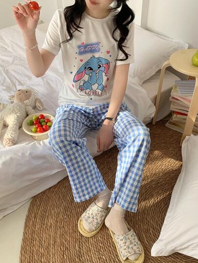 SHEIN 2pcs/Set Teen GirlCasual Cute Rabbit Print White Top And Blue & White Plaid Shorts Pajama Set, Comfortable Home Wear
