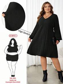 SHEIN CURVE+ Đầm ngắn tay dài cổ chữ V màu nâu, chất liệu dệt kim mềm mại, cỡ lớn dành cho nữ, thích hợp cho mùa thu đông. - màu đen - Xem 1