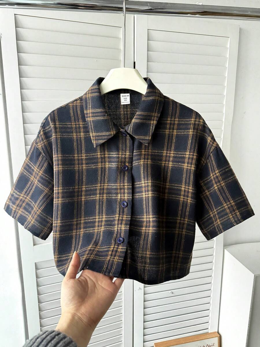 SHEIN 青少年女孩休閒基礎簡約學院風翻領梭織格紋寬鬆落肩短袖鈕扣襯衫 皇家藍 - 寶藍色 - 查看 1