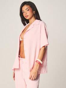MISSGUIDED 宽松款纽扣沙滩罩衫，系带腰身，亚麻质感，短袖，夏季度假泳池叠穿上衣 - 粉色 - 查看 4