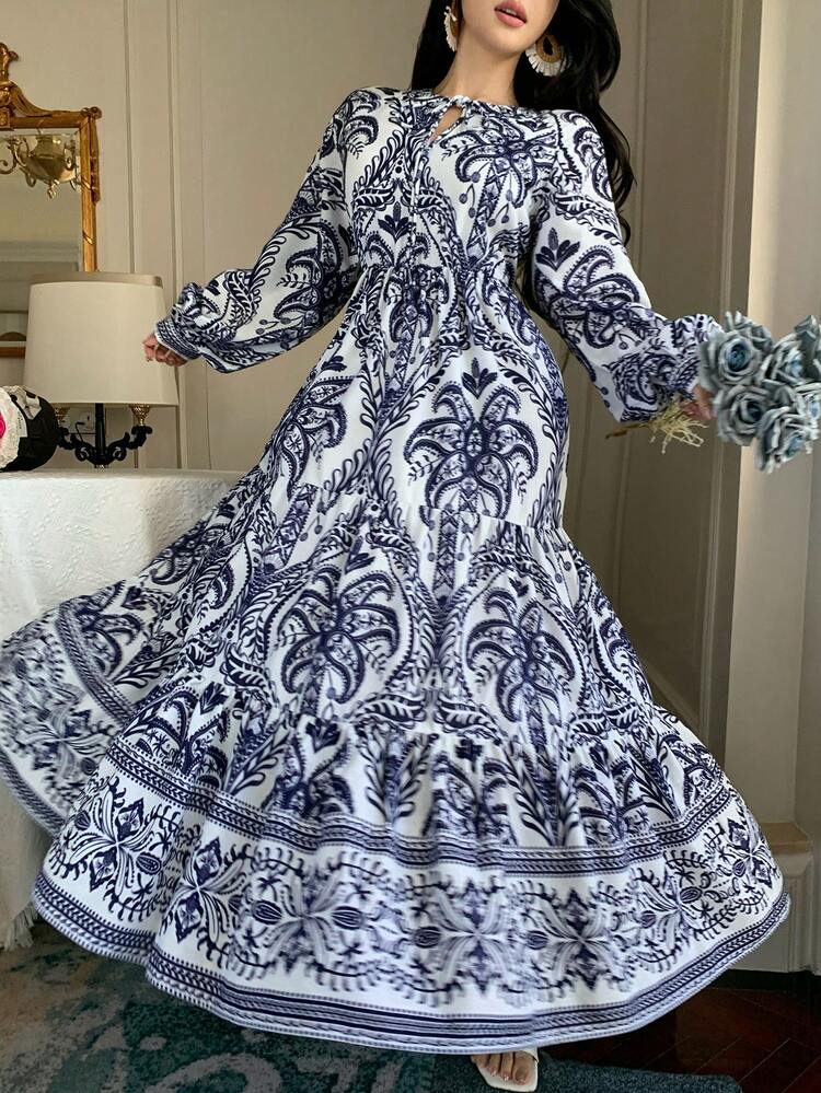 Women's Lantern Sleeve Vintage Cinched Waist Elegant Mid-Length Summer Dress Sundress Boho