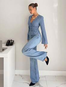 Siren Gaze 女士休闲条纹印花V领褶皱腰身衬衫，适合春秋季、度假、日常穿着和通勤。 - 淺藍色 - 查看 2